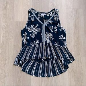 Boho Dark Navy Floral Peplum Top Sz L